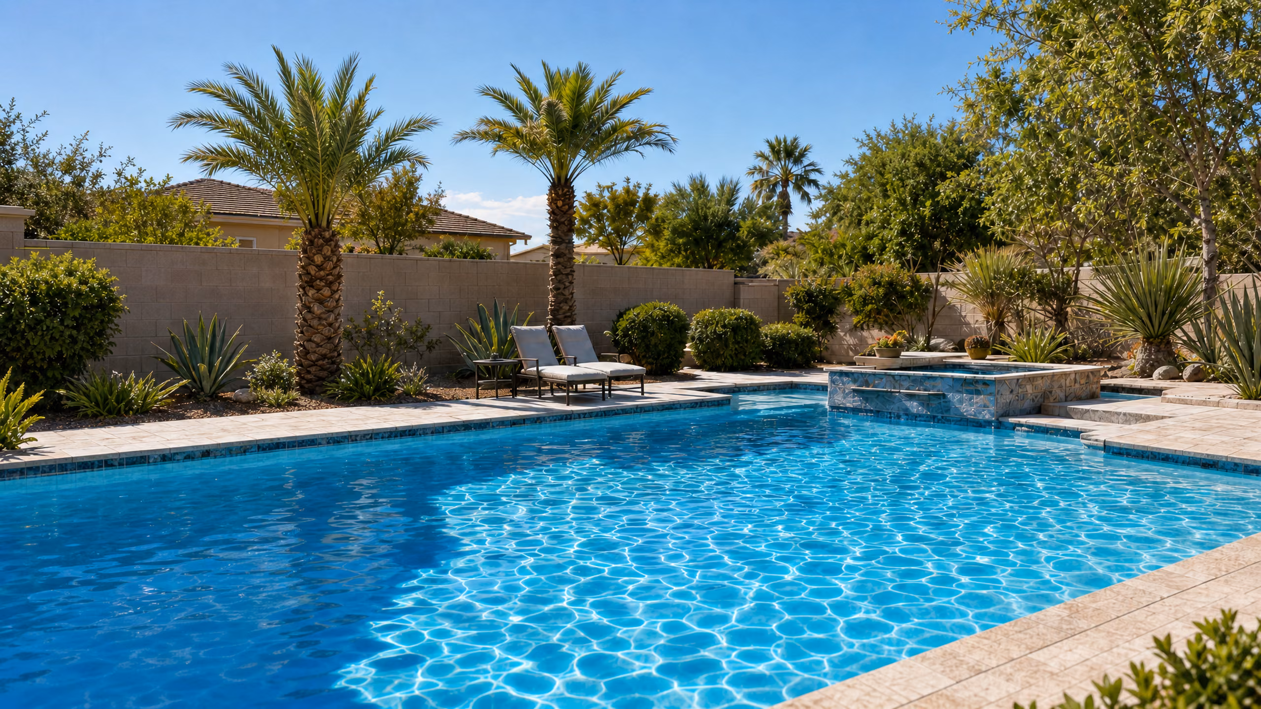 Illustration of a swimming pool surrounded by palms in a Phoenix-style backyard